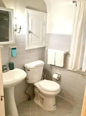 a white bathroom with a toilet and a sink at Cute 2 Bedroom Home - Huge backyard, near downtown! in Cleveland