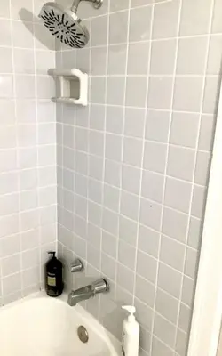 a bathroom with a shower with a sink and a toilet at Cute 2 Bedroom Home - Huge backyard, near downtown! in Cleveland