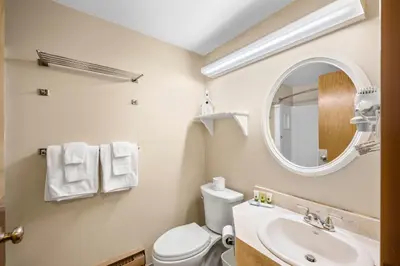 a bathroom with a toilet and a sink and a mirror at The Fountain Inn in Lakeside