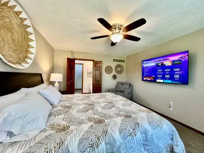 a bedroom with a bed and a ceiling fan at Suburban paradise in Liberty TWP in Hughes