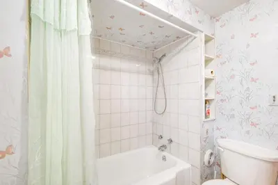 a bathroom with a shower curtain and a toilet at Spacious Studio - 5 Mi to MGM Northfield Park! in Maple Heights