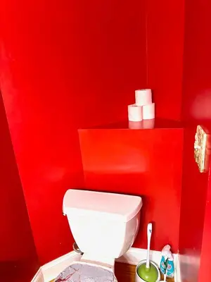 a red bathroom with a white toilet and a red wall at Nice Home in Hudson in Hudson