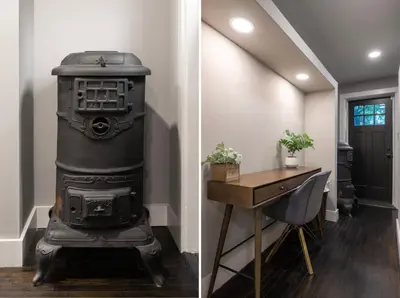 a stove in a room with a table and a desk at 1BR Apt, Minutes to Downtown Cincy, Stadiums, Bars in Ludlow