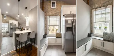 a kitchen with white cabinets and a stainless steel refrigerator at Close to Stadiums, Downtown Cincy, & more, 1BR Apt in Ludlow