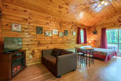 a living room with a couch and a table in a cabin at Blue Rose Cabins - Cozy Cabin in Logan