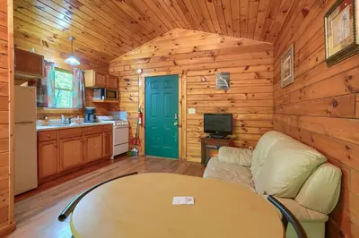 a living room with a couch and a table in a cabin at Blue Rose Cabins - Cupids Cabin in Logan