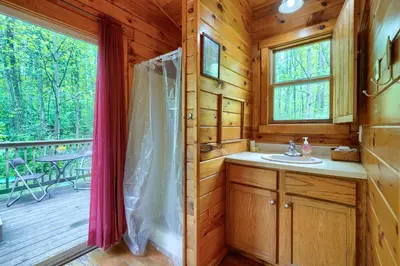 a bathroom with a shower and a sink in a cabin at Blue Rose Cabins - Lovebirds Cabin in Logan