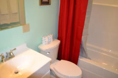 a bathroom with a toilet and a red shower curtain at Blue Rose Cabins - Naughty Pine Cabin in Logan