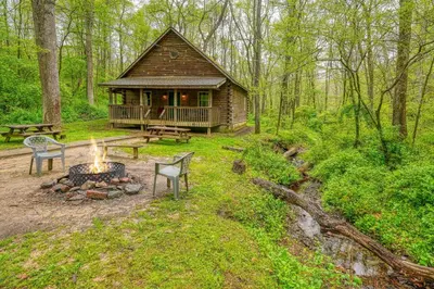 a log cabin in the woods with a fire pit at Blue Rose Cabins - Oleander Cabin in Logan