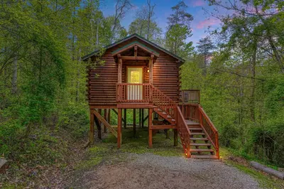 a log cabin with a staircase in the woods at Blue Rose Cabins - Overlook Cabin in Logan