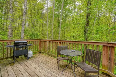 a deck with a grill and a table and chairs at Blue Rose Cabins - Overlook Cabin in Logan