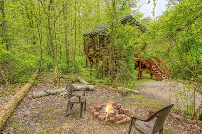 a fire pit with chairs and a cabin in the woods at Blue Rose Cabins - Overlook Cabin in Logan