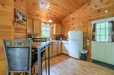 a kitchen with wooden walls and a white refrigerator at Blue Rose Cabins - Overlook Cabin in Logan
