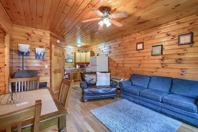 a living room with a blue couch and a ceiling fan at Blue Rose Cabins - Pine Ridge Cabin in Logan