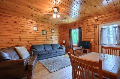 a living room with a couch and a table at Blue Rose Cabins - Pine Ridge Cabin in Logan