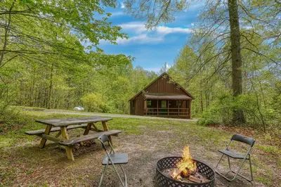 a picnic table and a fire in front of a cabin at Blue Rose Cabins - Pinecrest Cabin in Logan