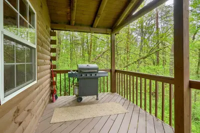 a screened in porch with a grill on it at Blue Rose Cabins - Rosebud Cabin in Logan