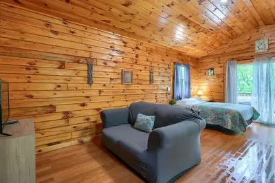 a living room with a couch and a bed at Blue Rose Cabins - Sweet Dreams Cabin in Logan