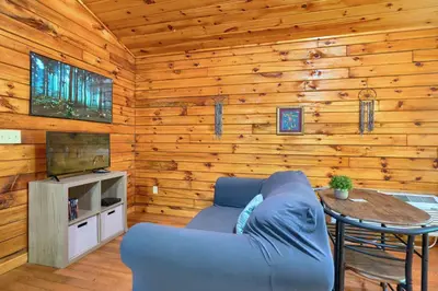a living room with a blue couch and a television at Blue Rose Cabins - Sweet Dreams Cabin in Logan