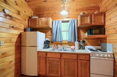 a kitchen with a refrigerator and a sink at Blue Rose Cabins - Wildwoods Cabin in Logan