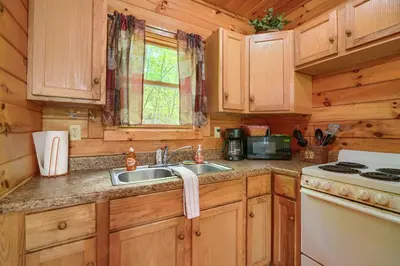 a kitchen with a sink and a stove at Blue Rose Cabins - Big Woody Cabin in Logan