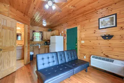 a living room with a black leather couch in a kitchen at Blue Rose Cabins - Big Woody Cabin in Logan