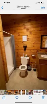 a bathroom with a toilet and a shower and a sink at Blue Rose Cabins - Big Woody Cabin in Logan