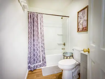 a bathroom with a toilet and a shower curtain at Hickory House Cabin in Ashley