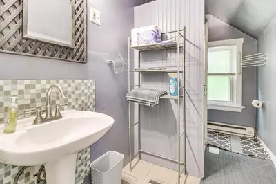 a bathroom with a sink and a shower at Pet-Friendly Cincinnati Apt 5 Mi to Downtown! in Cincinnati