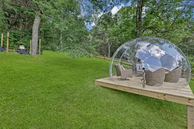 a gazebo with a soccer ball on top of it at Spring cabin with Dome, Sauna, Hot Tub, Pickleball, Firepit in Logan