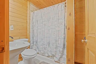 a bathroom with a toilet and a shower curtain at Spring cabin with Dome, Sauna, Hot Tub, Pickleball, Firepit in Logan