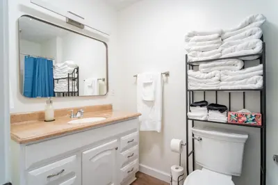 a bathroom with a sink and a mirror and a toilet at Lake Erie BreezeYour Restful Vermilion 3BR Vacation Home close to Cedar Point in Vermilion