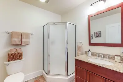 a bathroom with a shower and a toilet and a sink at The Farmhouse at 1885-Where Past Meets Present in Navarre