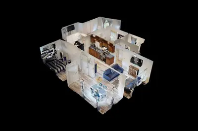 an overhead view of a kitchen and living room at Atwood Breeze-Tranquil Lake Escape in Sherrodsville