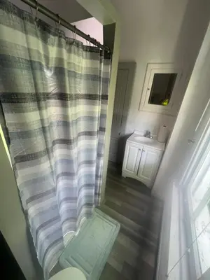 a bathroom with a shower with a toilet and a sink at Second floor deluxe studio in Cincinnati