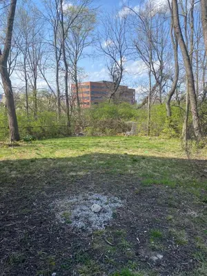 a field with trees and a building in the background at Second floor standard studio private room in Cincinnati