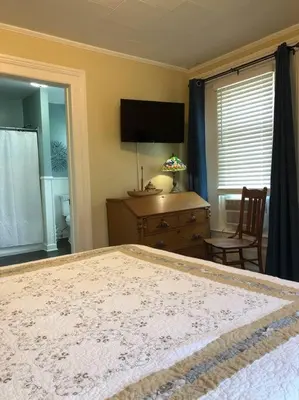 a bedroom with a bed and a desk and a television at The Vine Bed & Breakfast, LLC in Dundee