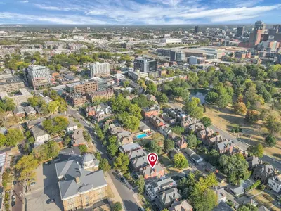 an overhead view of a city with a stop sign at 4 Bed Duplex near Goodale Park in Columbus