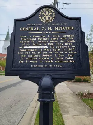 a sign on the side of a street at General Mitchel Historic Home in Downtown Lebanon in Lebanon