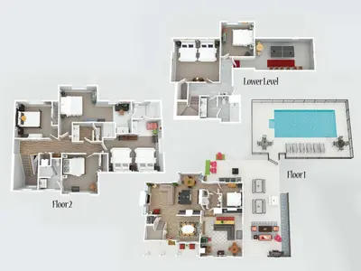 a collage of floor plans of a house at Home for 21 Near Ark - Ensuite Bathrooms - with Pool! in Williamstown