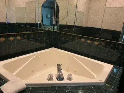a bath tub in a bathroom with a large mirror at Garden Inn in New Castle