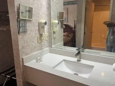 a bathroom with a sink and a large mirror at Garden Inn in New Castle