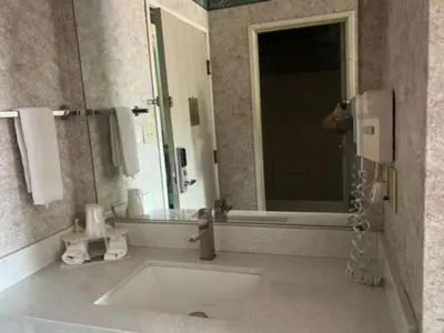 a bathroom with a sink and a mirror at Garden Inn in New Castle