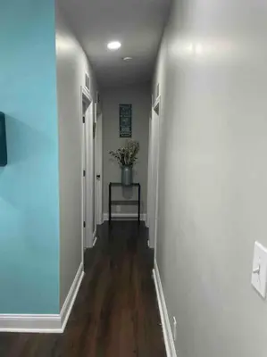 a hallway with white walls and a table with a plant at Serenity away from the big city in Amelia