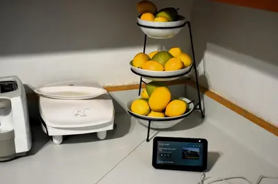a shelf filled with bowls of fruit next to a scale at Lima Downtown 1 Bdrm Oasis in Lima
