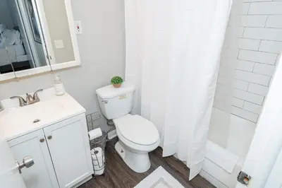 a bathroom with a toilet and a sink and a shower at Modern Gem Steps from The Greene UD & WPAFB in Kettering