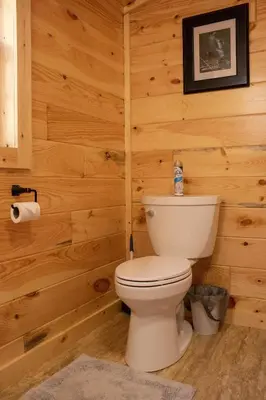 a bathroom with a toilet in a wooden wall at Hickory Ridge Cabin+Fire pit in Ewing
