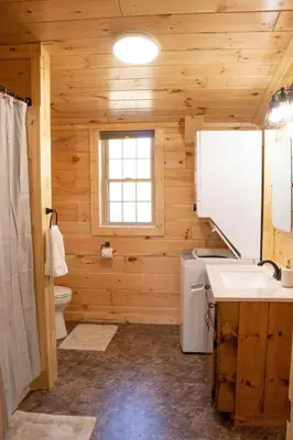 a bathroom with a sink and a toilet and a window at Hickory Ridge Cabin+Fire pit in Ewing