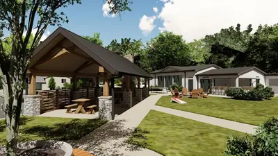 a backyard of a home with a pavilion at The Wave at Marblehead in Marblehead