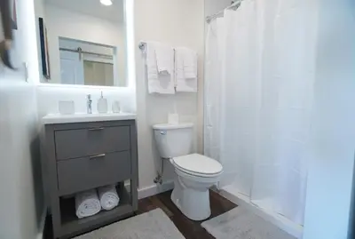 a bathroom with a toilet and a sink and a shower at The Standard Downtown Columbus in Columbus